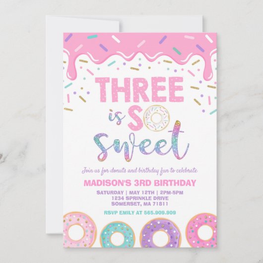 Donut 3e verjaardag Uitnodigen Donut Three is Swee Kaart (Voorkant)