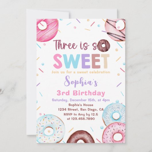 Donut 3e verjaardagsfeestje Donut 3 is zoet Kaart (Voorkant)