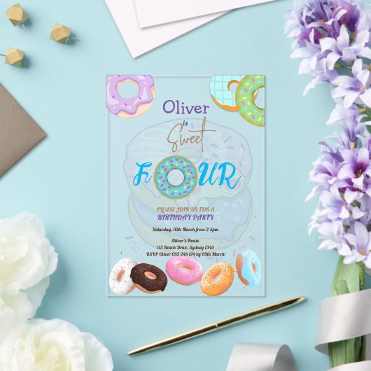 Donut 4e verjaardag jongen acryl uitnodigingen (Insitu (Huwelijk))
