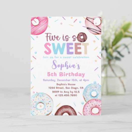 Donut 5h verjaardagsfeestje Donut Five is zoet Kaart (Staand voorkant)