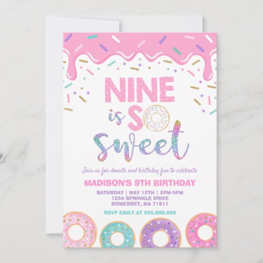 Donut 9th Birthday Invite Donut Nine is zoet Kaart (Voorkant)