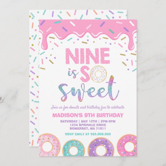Donut 9th Birthday Invite Donut Nine is zoet Kaart (Voorkant / Achterkant)
