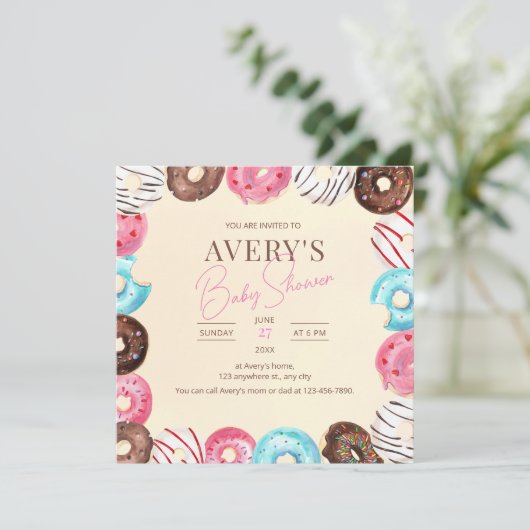 Donut Baby Sprinkle Invitation, Donuts Baby shower Kaart (Staand voorkant)