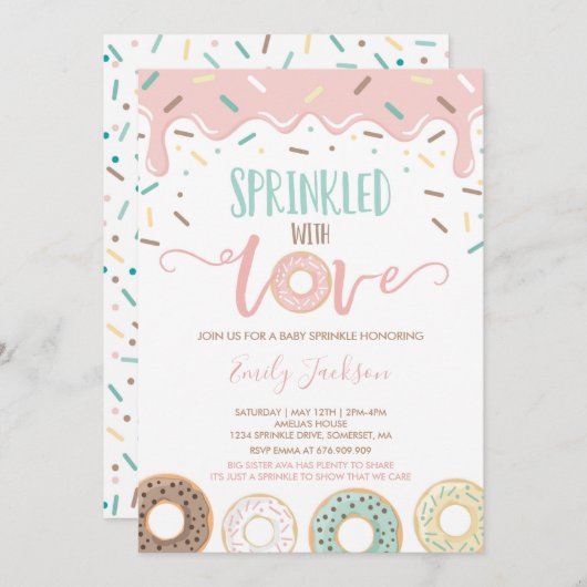 Donut Baby Sprinkle Uitnodiging ingedrukt met lief (Voorkant / Achterkant)