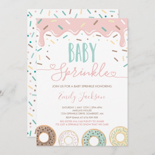 Donut Baby Sprinkle Uitnodiging ingedrukt met lief (Voorkant / Achterkant)