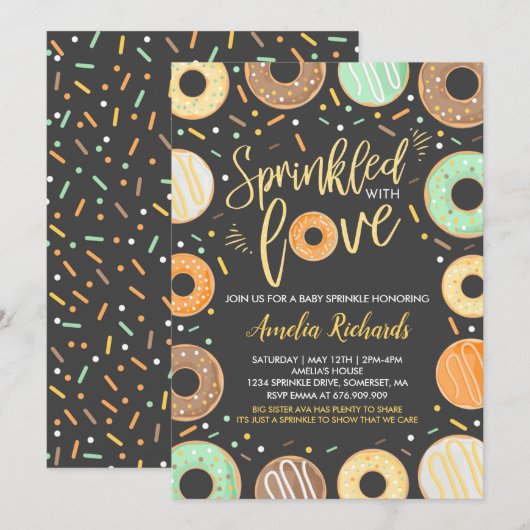 Donut Baby Sprinkle Uitnodiging ingedrukt met lief (Voorkant / Achterkant)