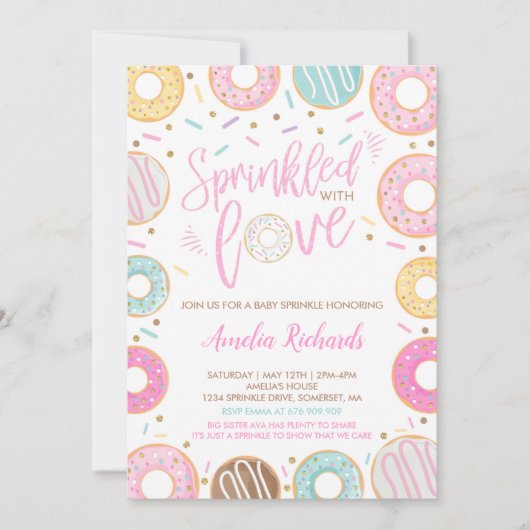 Donut Baby Sprinkle Uitnodiging ingedrukt met lief (Voorkant)