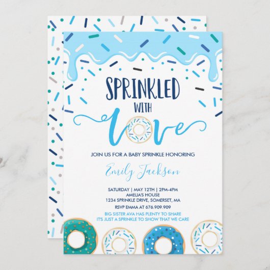 Donut Baby Sprinkle Uitnodiging ingedrukt met lief (Voorkant / Achterkant)