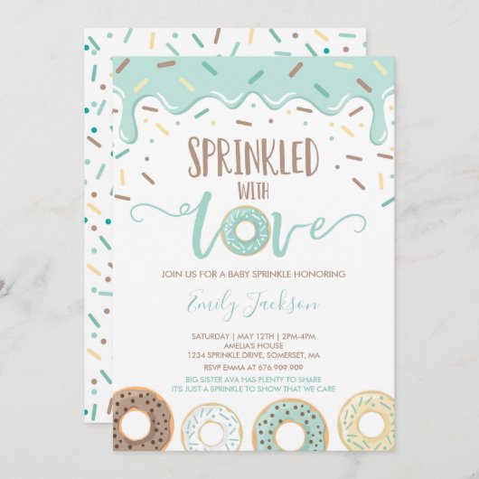 Donut Baby Sprinkle Uitnodiging ingedrukt met lief (Voorkant / Achterkant)