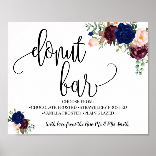 Donut bar party bruiloft receptie navy burgundy poster (Voorkant)