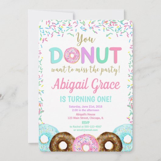 Donut besprenkelt verjaardagsfeestje uitnodiging m (Voorkant)