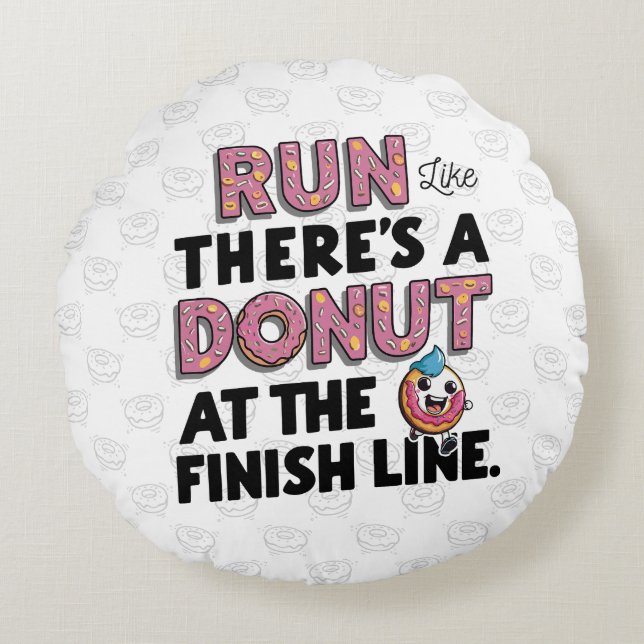 Donut bij de Finish Line Funny Fitness Motivation Rond Kussen (Voorkant)