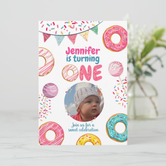 Donut Birthday Fotouitnodiging Sweet ONE Kaart (Staand voorkant)