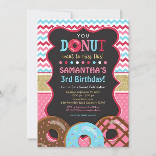 Donut Birthday Invitation, Donut Invitation Kaart (Voorkant)