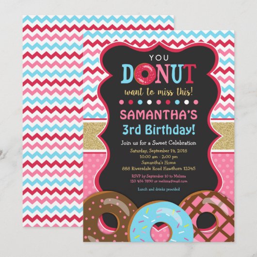 Donut Birthday Invitation, Donut Invitation Kaart (Voorkant / Achterkant)