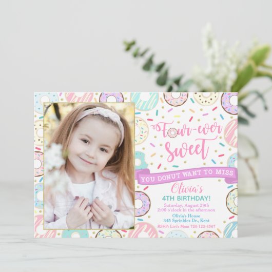Donut Birthday Invitation four-Ever Sweet Invite Kaart (Staand voorkant)