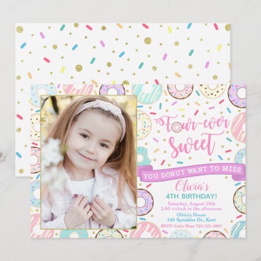 Donut Birthday Invitation four-Ever Sweet Invite Kaart (Voorkant / Achterkant)