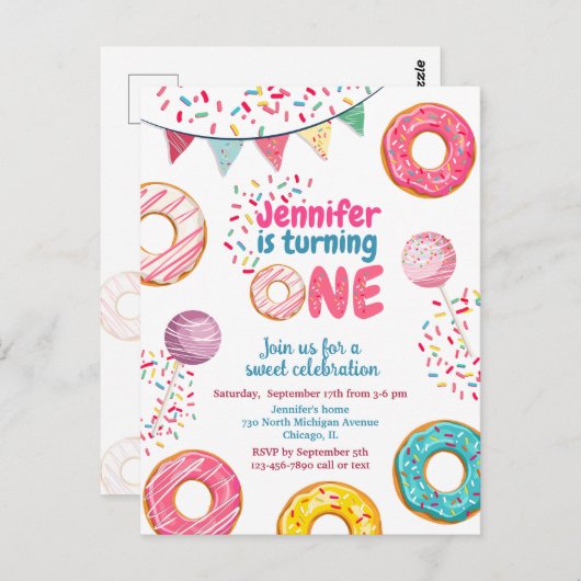 Donut Birthday Invitation Sweet 1 ONE Briefkaart (Voorkant / Achterkant)