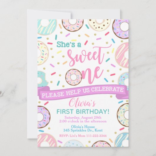 Donut Birthday Invitation Sweet One Party Kaart (Voorkant)