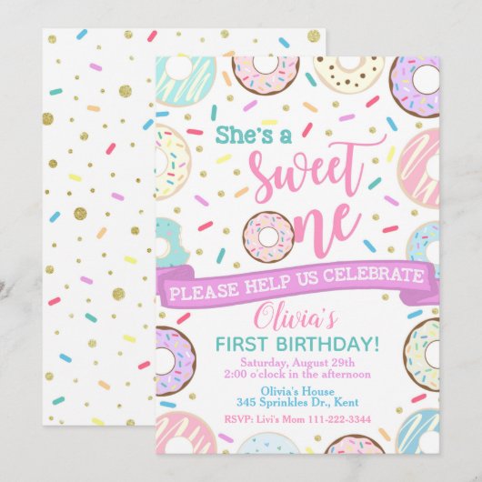 Donut Birthday Invitation Sweet One Party Kaart (Voorkant / Achterkant)