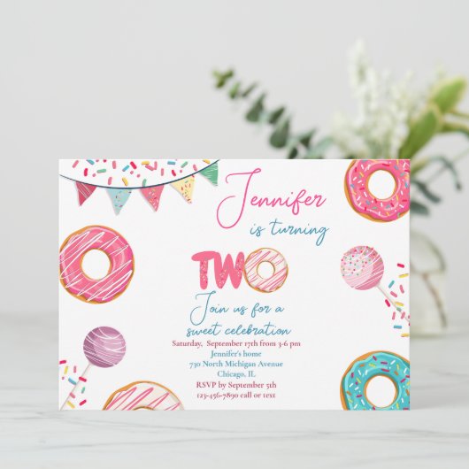 Donut Birthday Invitation Sweet TWO Kaart (Staand voorkant)