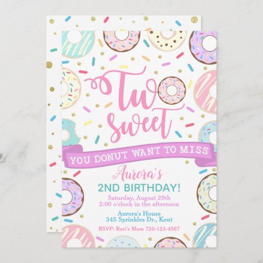 Donut Birthday Invitation Two Sweet Party Kaart (Voorkant / Achterkant)