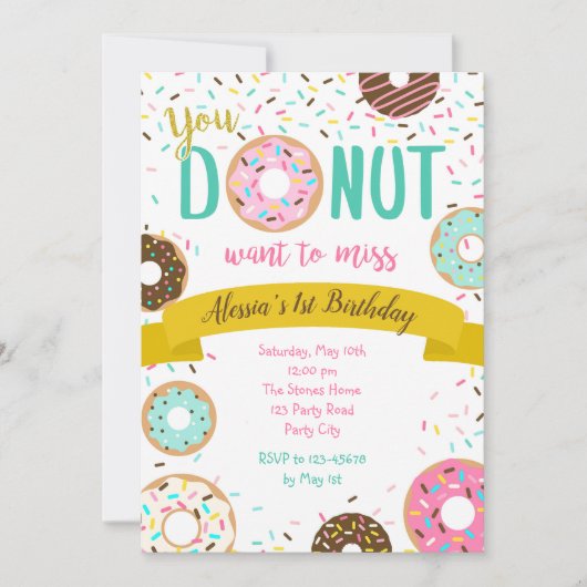 Donut Birthday Invitations Sprinkle Gold Pink Blau Kaart (Voorkant)