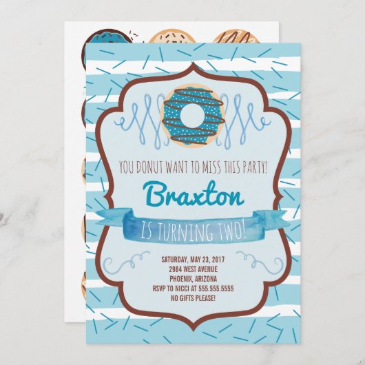 Donut Birthday Party Invitation for a Boy Kaart (Voorkant / Achterkant)