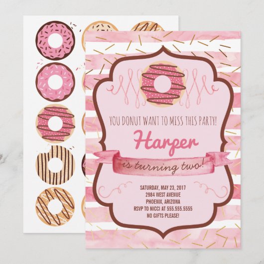 Donut Birthday Party Invitation for a Girl Kaart (Voorkant / Achterkant)