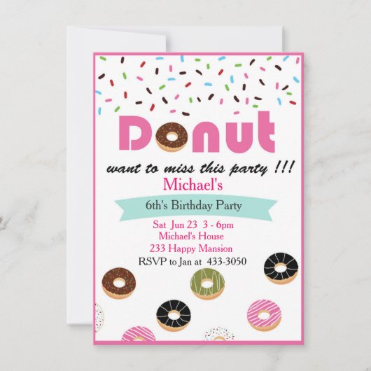Donut Birthday Party Invitation Kaart (Voorkant)