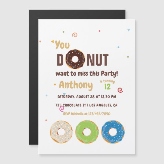 Donut Birthday Party Magnetische Uitnodiging (Voorkant / Achterkant)