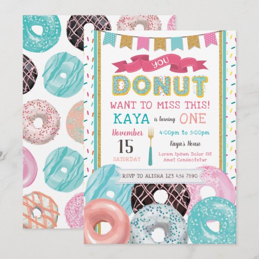 Donut Birthday Uitnodiging (Voorkant / Achterkant)