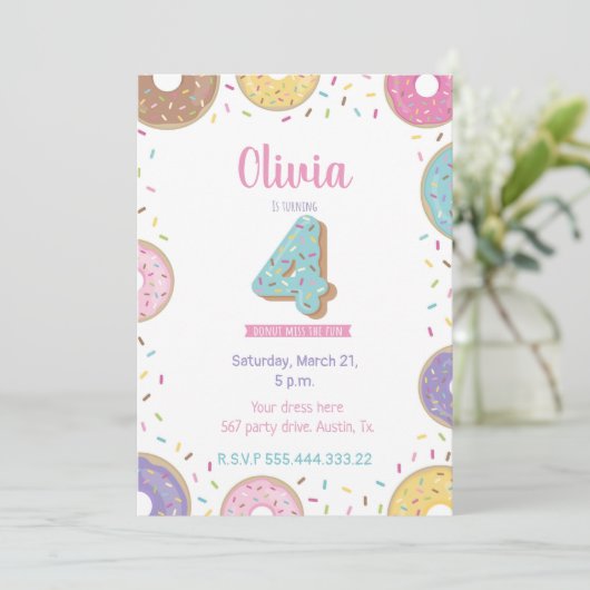 Donut Birthday-uitnodiging, 4e verjaardag-uitnodig Kaart (Staand voorkant)