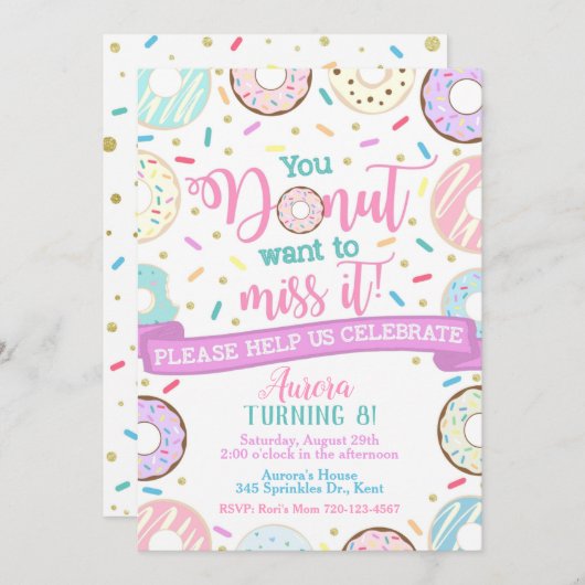 Donut Birthday Uitnodiging Donut Partij (Voorkant / Achterkant)