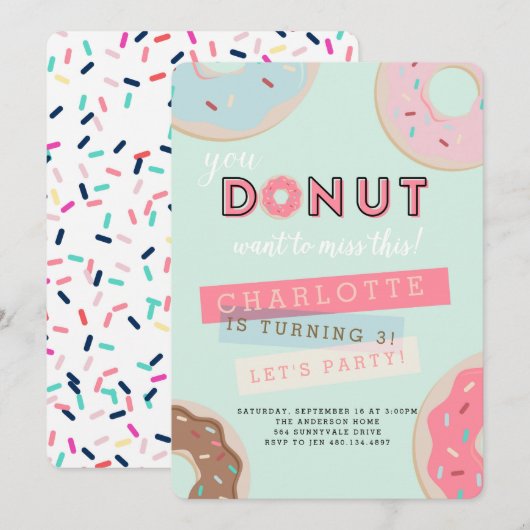 Donut Birthday Uitnodiging - Miss deze partij! (Voorkant / Achterkant)