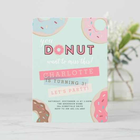Donut Birthday Uitnodiging - Miss deze partij! (Staand voorkant)