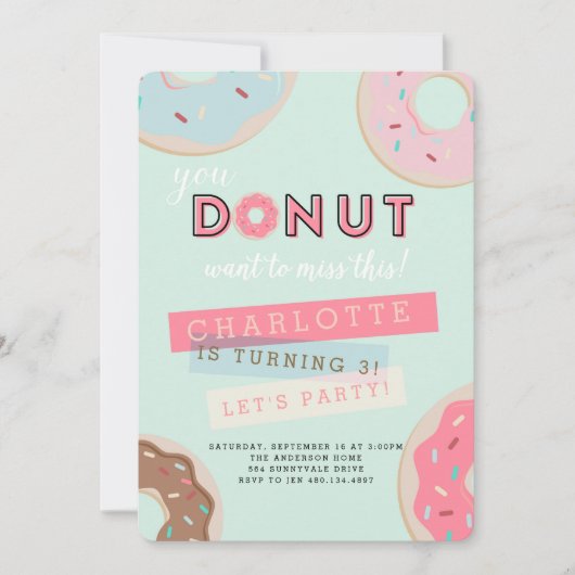 Donut Birthday Uitnodiging - Miss deze partij! (Voorkant)