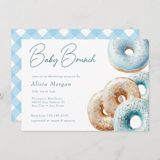 Donut | Blue Gingham Boy Baby shower Kaart (Voorkant / Achterkant)
