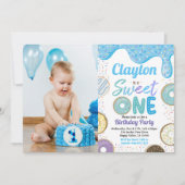 Donut Boy Sweet One 1st Birthday Party Blue Foto Kaart (Voorkant)