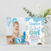 Donut Boy Sweet One 1st Birthday Party Blue Foto Kaart (Staand voorkant)