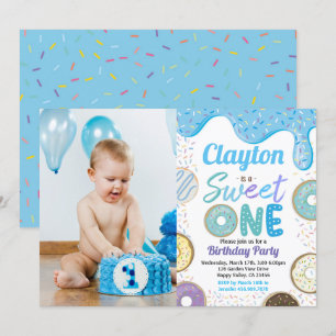 Donut Boy Sweet One 1st Birthday Party Blue Foto Kaart