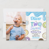 Donut Boy Two Sweet 2nd Birthday Party Blue foto Kaart (Voorkant)