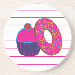 Donut Cupcake Roze Streep Zandsteen Onderzetter