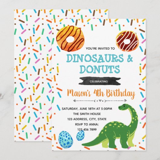 Donut dinosaur partijuitnodiging kaart (Voorkant / Achterkant)
