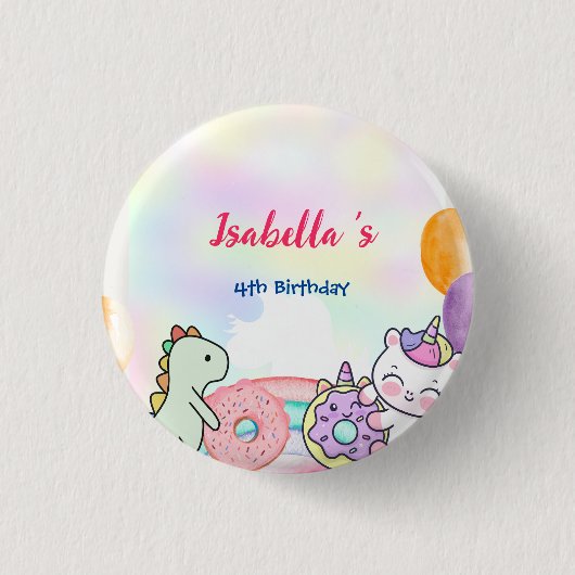Donut Dinosaurus Eenhoorn regenboog Ballon verjaar Ronde Button 3,2 Cm (Voorkant)