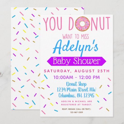 Donut, Doughnut Baby shower Invite Kaart (Voorkant / Achterkant)