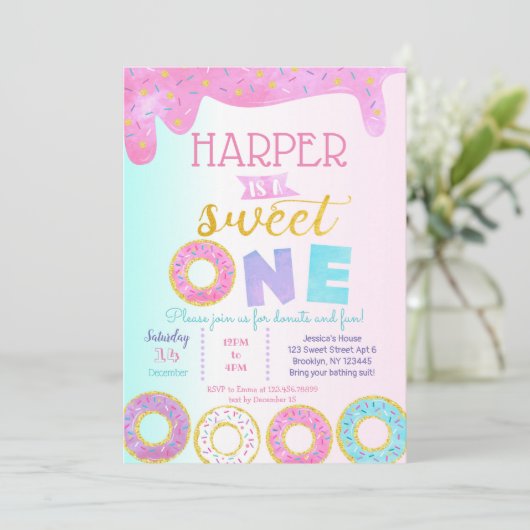 Donut eerste verjaardagsfeestje uitnodigingen Swee (Staand voorkant)