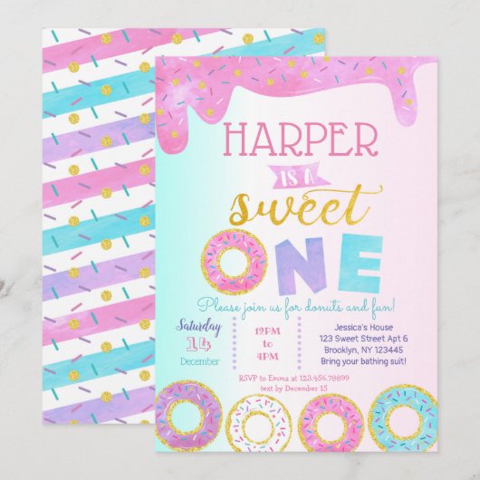 Donut eerste verjaardagsfeestje uitnodigingen Swee (Voorkant / Achterkant)