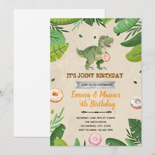 Donut en dinosaurus uitnodiging voor verjaardag (Voorkant / Achterkant)