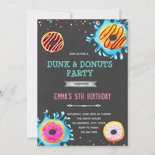 Donut- en dompel-verjaardagsfeest uitnodiging (Voorkant)